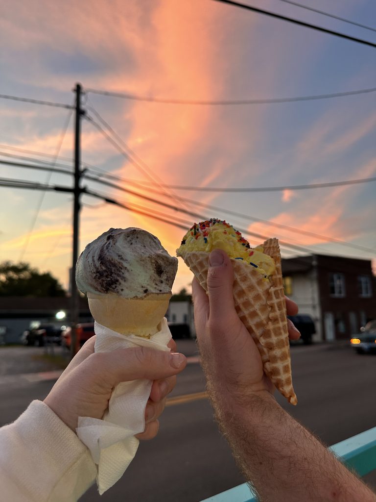 2 Days in New River Gorge National Park Ice cream in front of a blue and pink sunset sky